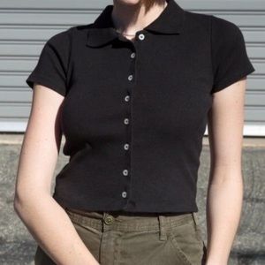 Black Button-Up, Collared Cropped Shirt